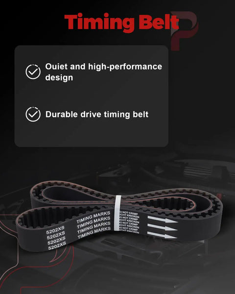 Thinking Process: black timing belt with 5202XS markings and timing arrows, durable drive belt on dark background