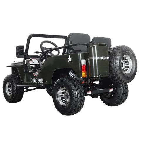 E Ranger 3000W Electric Go Kart For Kids With Brushless Motor, army green rear view, off-road tires, dual disc brakes, aluminum wheels