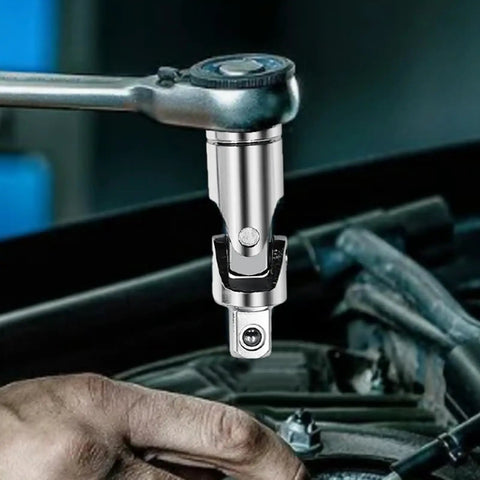 Rock Solid 3 Piece Universal Joint Socket Set With Rotatable Swivel Head For Tough Jobs And Confined Spaces That Make Any DIYer's Toolkit Smaller Yet Super Versatile And Way More Efficient. chrome steel universal joint socket close-up in use on ratchet