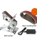 Mini Electric Belt Sander Grinder With 7 Adjustable Speeds, compact tool with motor, includes sanding belts for DIY work.