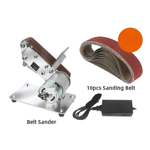 Mini Electric Belt Sander Grinder With 7 Adjustable Speeds, compact tool with motor, includes sanding belts for DIY work.