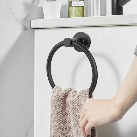 Matte Black Wall Towel Holder And Ring - Stainless Steel Heavy Duty Hand Towel Bar For Bathroom And Kitchen, installed with hand towel