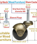 Antique Brass 2 Inch Heavy Duty Furniture Casters 8 Pack Bulk Set With 5/16 By 1-1/2 Inch M8 Grip Neck And Sleeve Plugs details