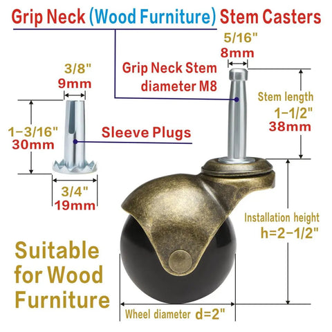 Antique Brass 2 Inch Heavy Duty Furniture Casters 8 Pack Bulk Set With 5/16 By 1-1/2 Inch M8 Grip Neck And Sleeve Plugs details