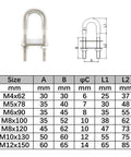 marine stainless steel U bolts size chart with dimensions