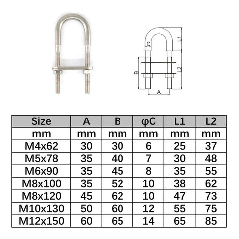 marine stainless steel U bolts size chart with dimensions