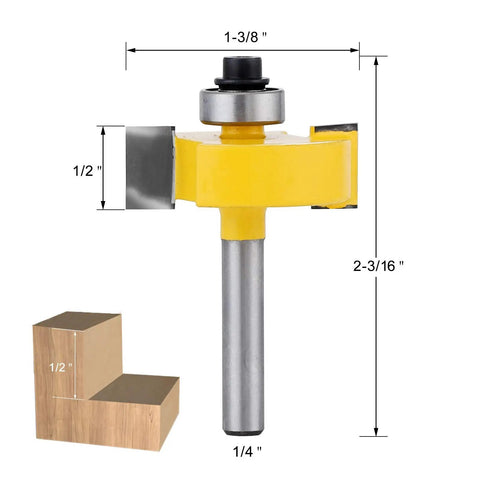 Solid Workhorse 1/4 Inch Shank Rabbet Router Bit Kit With Six Swappable Bearings And Razor Sharp Carbide Edge, detailed view with dimensions.