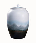 Large Ceramic Airtight Rice Container Keeps Staples Locked Tight And Grains Coffee Beans Flour And Candy Fresh As Day 50 Kilogram Kitchen Pantry Storage Jar with scenic mountain design.
