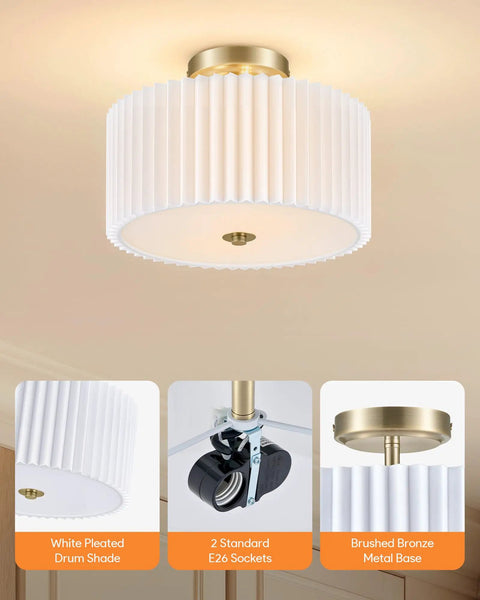 Two Light Semi Flush Mount Ceiling Light With Pleated White Shade Bronze Finish E26 Bulb Compatible Twelve Point Two Inch Modern Vibe Fixture