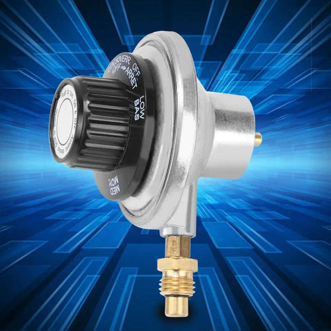 Low Pressure Gas Regulator With Adjustable Valve for BBQ Grills, Zinc Alloy, 1 Inch 20UNF, side view against blue background