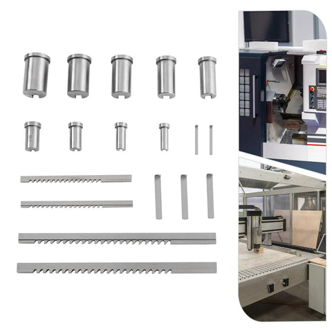 Pro Grade Keyway Broach Set For Lathe 18 Pcs HSS with various sizes displayed and lathe machinery in the background