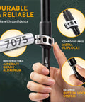 Foldable Hiking Poles For Travel And Trekking with metal locking system and aircraft grade aluminum, close-up view.