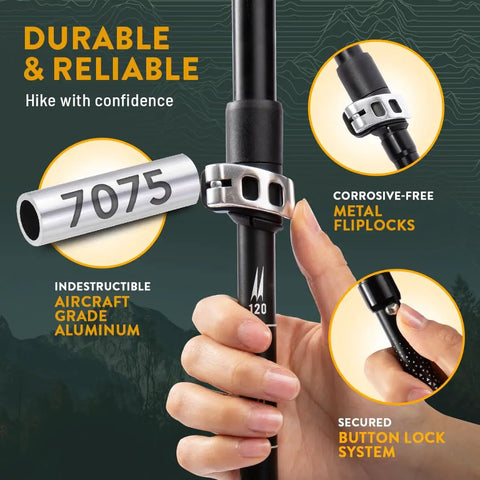 Foldable Hiking Poles For Travel And Trekking with metal locking system and aircraft grade aluminum, close-up view.