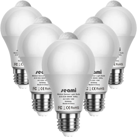 Indoor Motion Sensor Light Bulb A19 E26 13W Equal To 100W Daylight 5800K Dusk To Dawn Security Night Light With PIR Motion Detector No Fuss Auto On When Motion Is Detected Easy Install 5 Pack, front view