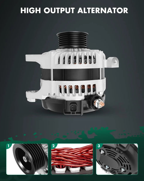 Front view of Beefed Up 160 Amp High Output Alternator Replacement For Chrysler Town And Country 3.3L V6 And 3.8L V6 2008 2009 2010