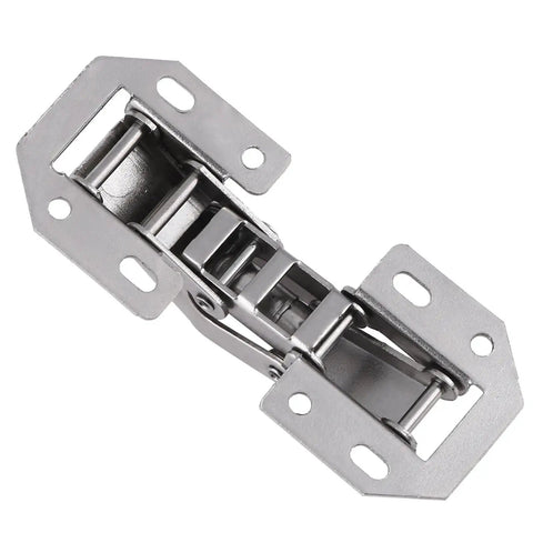 Hella Simple Install No Drill Furniture Hinges 10 Piece Set For Kitchen Cabinet Doors And Window Cupboards Quick Fit Hardware Repair Tools No Sweat Mounting hinge with a silver finish and multiple mounting holes.