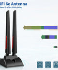 WiFi 6E Tri Band Antenna with magnetic base and RPSMA extension cable, dual black vertical antennas for PC, router, security cameras