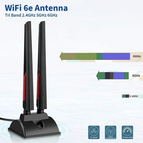 WiFi 6E Tri Band Antenna with magnetic base and RPSMA extension cable, dual black vertical antennas for PC, router, security cameras
