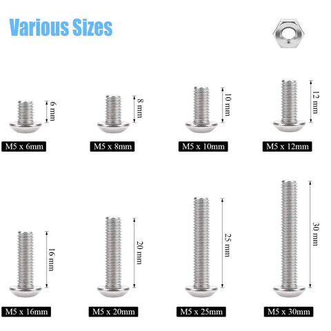 195 Piece M5 Hex Button Head Bolts And Nuts Kit In Stainless Steel 304 With 8 Lengths From 6mm To 30mm size display