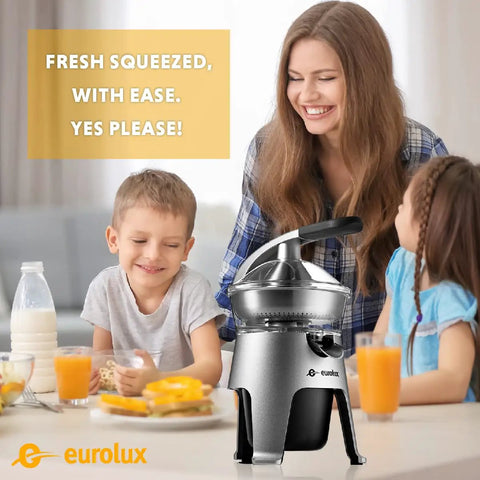Eurolux 300W Industrial Strength Stainless Steel Electric Citrus Juicer Squeezer on kitchen table with family and fresh juice