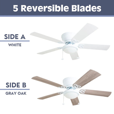 52 Inch Indoor Ceiling Fan With Light And LED Flush Mount 5 Blade Style in White or Gray Oak Finish, reversible blades shown