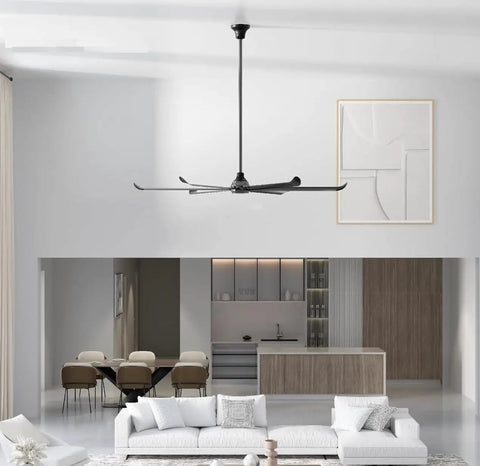 Massive 100 Inch Industrial Ceiling Fan Packing Hella Smooth Badass Cooling Airflow With Whisper Quiet Pmsm Motor in modern living space.