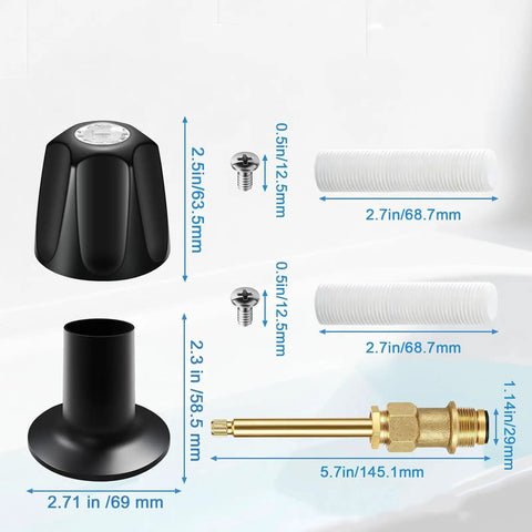 Upgrade Your Bath Game With This Solid Zinc Alloy 2 Set Shower Knob Kit For Windsor Series Faucet Handles To Look Fresh Cool And Durable. Black shower knob kit with screws, tubes, and brass stem, dimensions shown