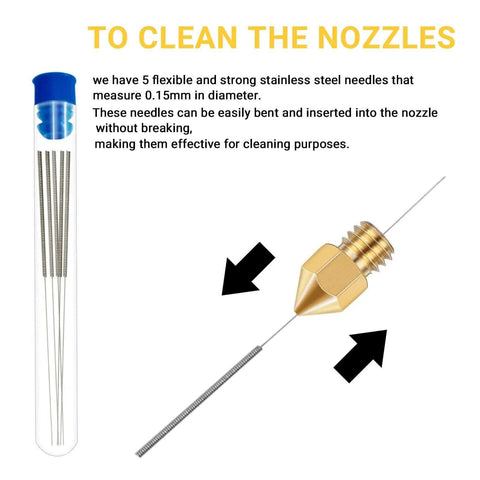 Close-up of 50 Piece Mk8 3D Printer Nozzle Set cleaning needle and nozzle for CR 10 Ender 3.