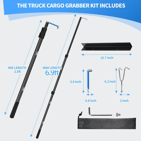 Magnetically Mounted Truck Cargo Grabber Reach Retriever Tool 6.9 Ft Telescoping Extendable Pole Heavy Duty Stainless Steel Bed Accessory With Two Hooks For Easy Pickup And Loading