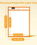Orange dry erase pocket showing dimensions, part of 30 Pack of 10x14 oversized clear sheet protectors, reusable plastic sleeves.