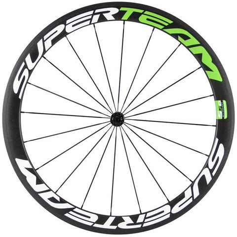 50mm Carbon Road Wheelset 700C Clincher With 23mm Inner Width, Toray T700 Carbon Fiber, black rim with white and green decals