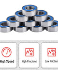 Beefy Miniature Deep Groove Ball Bearings Set Of 25 Flanged Steel Bearings With Double Rubber Seals Blue Side For Roller Skates 5 By 11 By 4 Mm Durable Precision Bearings For Tiny Machinery And DIY Projects. stacked blue-sealed steel bearings, 5x11x4 mm, shown with high speed and low friction icons