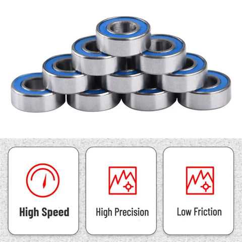 Beefy Miniature Deep Groove Ball Bearings Set Of 25 Flanged Steel Bearings With Double Rubber Seals Blue Side For Roller Skates 5 By 11 By 4 Mm Durable Precision Bearings For Tiny Machinery And DIY Projects. stacked blue-sealed steel bearings, 5x11x4 mm, shown with high speed and low friction icons