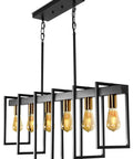 Farmhouse Dining Room Chandelier With Six Lights In Black Finish 39.4 Inch Hanging Kitchen Island Light Modern Metal Frame Adjustable Rods