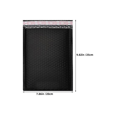 Bubble Mailers 50 Pack 20 By 25 Cm Black Padded Waterproof No Fuss Self Seal Envelopes with bubble cushion visible, size shown.