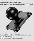 Heavy Duty One Inch Class B Hitch Ball Mount Base With Slick Tpu Tube And Built Like A Tank 6061 Amps Square Plate showing a 1 inch TPU ball on an aluminum base.