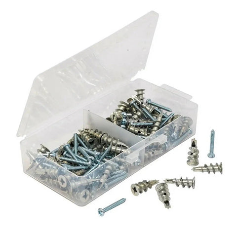 Drywall Anchor Kit with Self-Drilling Screws, 100 Pcs, 50 Lb Capacity, Heavy Duty Zinc-Plated Carbon Steel, Rust Resistant, No Pre-Drill Install, Easy Mount for Shelves, Pictures, TV Brackets and More open case with anchors and screws