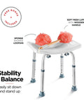 Shower Chair With Back Scrubber And Sponge, Tool Free Setup, Adjustable Height 13 To 19 Inches, featuring loofah and sponge