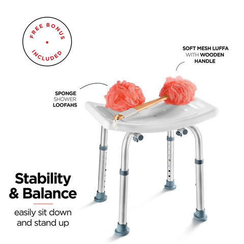 Shower Chair With Back Scrubber And Sponge, Tool Free Setup, Adjustable Height 13 To 19 Inches, featuring loofah and sponge