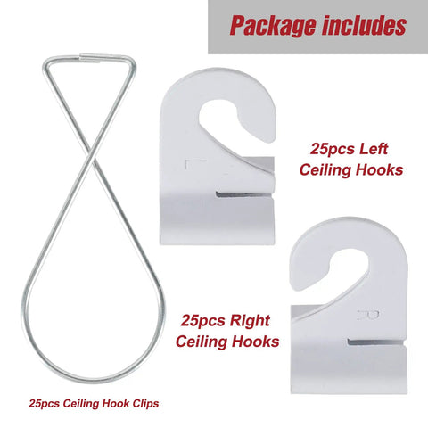 Package includes 50 Pack Drop Ceiling Hooks For Hangin, 25 Pairs Left And Right Ceiling Hooks Plus 25 Ceiling Hook Clips T Bar Clips.