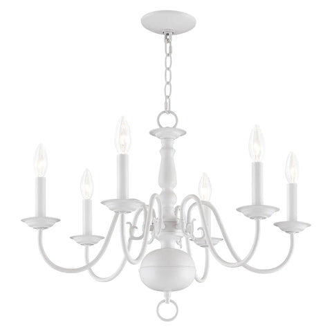 Williamsburgh 6 Light Chandelier in white traditional steel fixture for dining room, elegant pendant lighting with timeless detailing