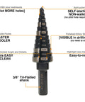 Jerax step drill bit, 3/16-7/8 in, M2 HSS, double flutes, 3/8 in shank, front view