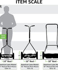 1204-14 14-Inch 4-Blade Push Reel Lawn Mower scale comparison with 16-inch and 18-inch models, silhouette for size reference