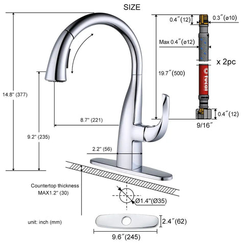 Detailed diagram of Gooseneck Pull Down Kitchen Faucet With Dual Function Sprayer, Single Handle Chrome Bar Sink Tap, showing measurements