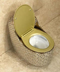Modern Dual Flush Toilet Featuring Silent Vortex Flushing System And Soft Close Seat In Sleek Gold design with geometric patterns.