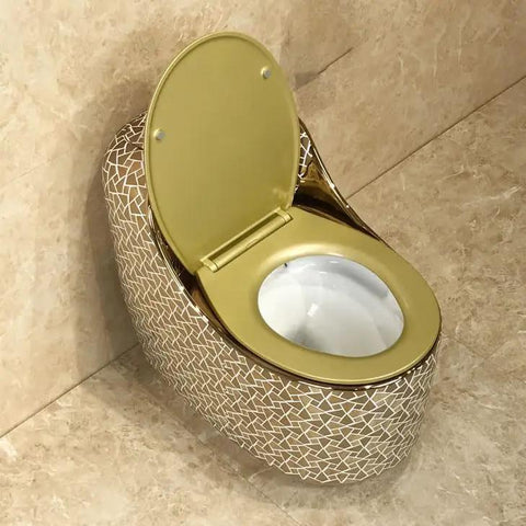 Modern Dual Flush Toilet Featuring Silent Vortex Flushing System And Soft Close Seat In Sleek Gold design with geometric patterns.