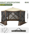 12x12 Foot Pop Up Canopy Tent With Mesh Panels, Bug Free Outdoor Gazebo Shade for Camping, Backyard Hangouts, Patio or Lawn