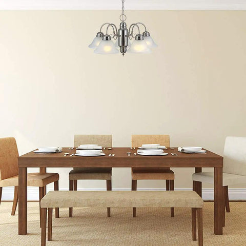 Five Light Chandelier In Satin Nickel With Alabaster Glass Shades Dimmable Fixture For Dining Room Foyer Or Kitchen Adjustable 48 Inch Chain