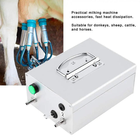 Portable 48W 12V goat milking vacuum pump with suction pulsator and aluminum housing for livestock use on farms.