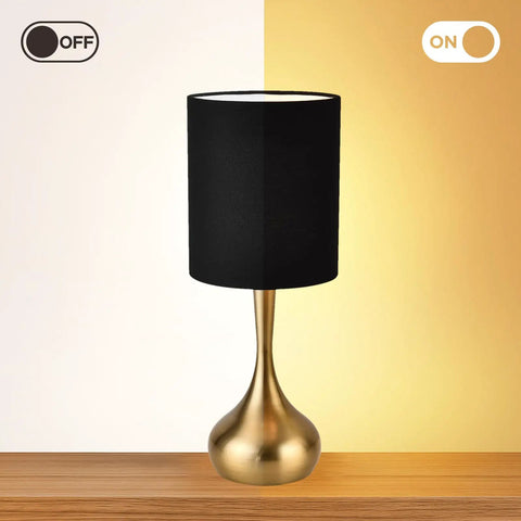 Modern Table Lamp With Brass Droplet Base And Black Linen Drum Shade Perfect For Bedroom Nightstand Living Room Or Office Small Desk Light With Sleek Cylinder Design And Contemporary Metal Finish